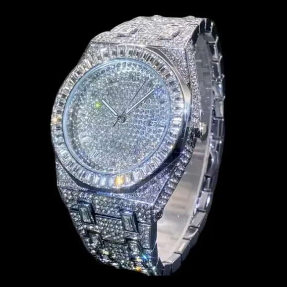 Mens Full Covered Iced Out Round & Baguette Bling Simulated Diamond Quartz Watch - Picture 3 of 13